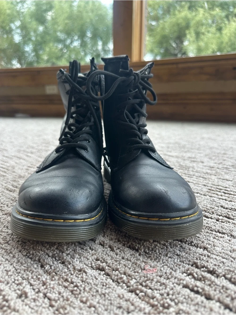 Dr. Martens Black Leather Lace-Up Ankle Boots with Yellow Stitching
